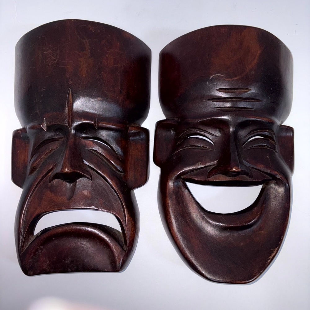 2 Vintage Hand Carved Wood Comedy Tragedy Drama Masks Natural Varnished Wall Art